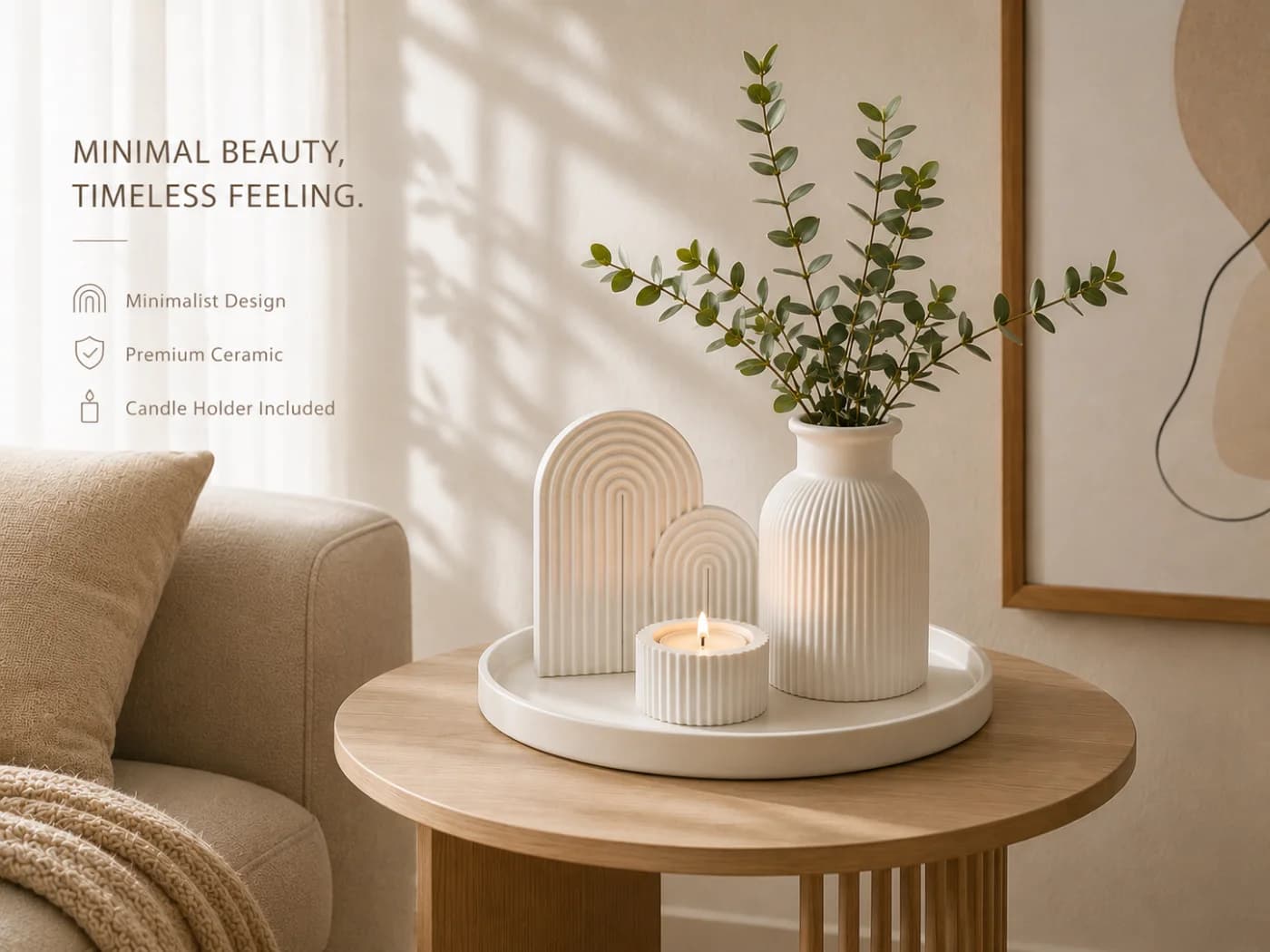 Decorative set styled on a side table next to a sofa