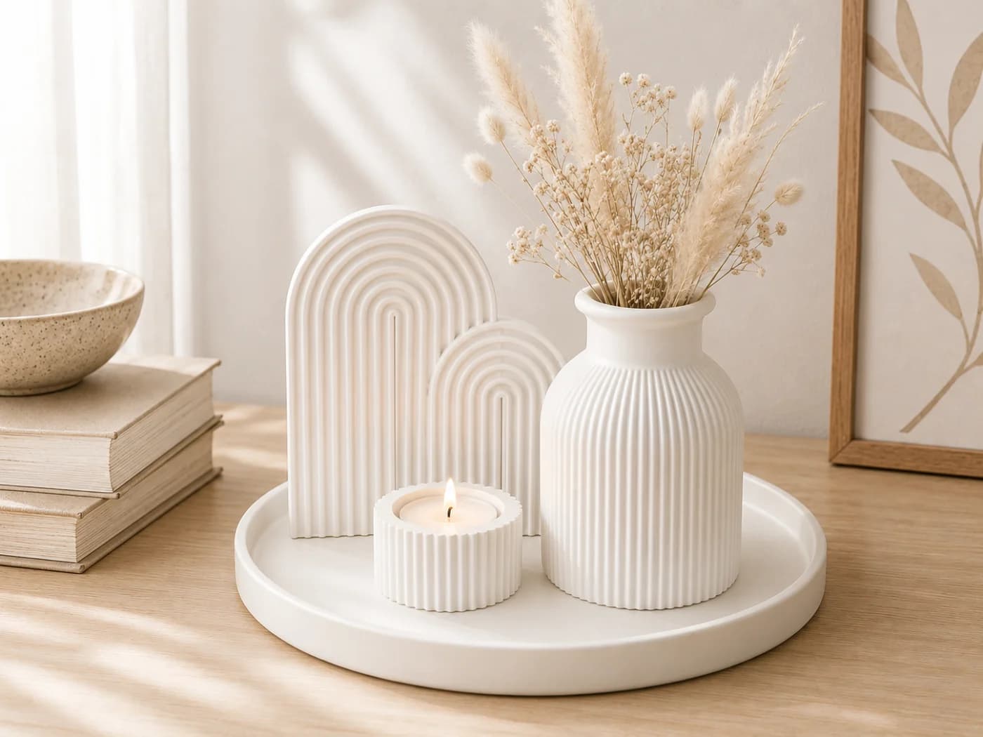 White textured 4-piece set on a round tray — clean studio shot