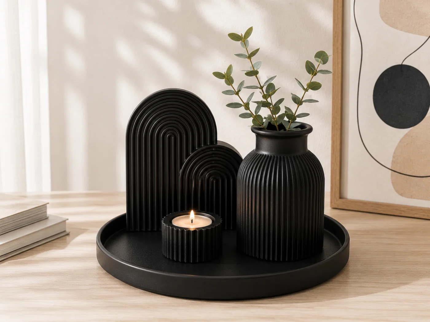 Black 4-piece set on a round tray — clean studio shot