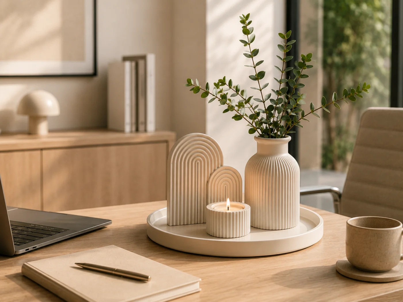 Cream set on a wood desk with laptop, eucalyptus, notebook