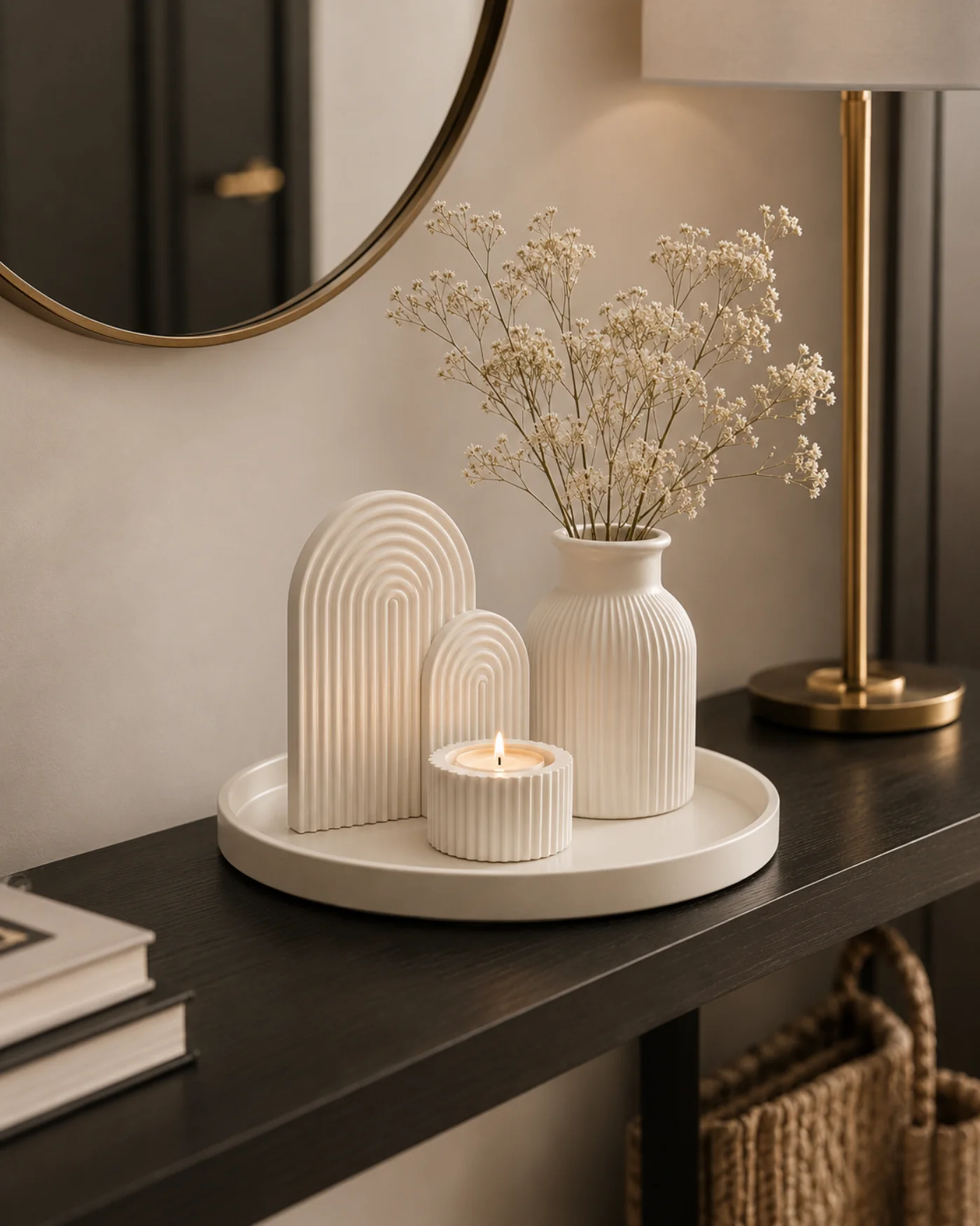Cream set on a dark console with mirror and dried flowers