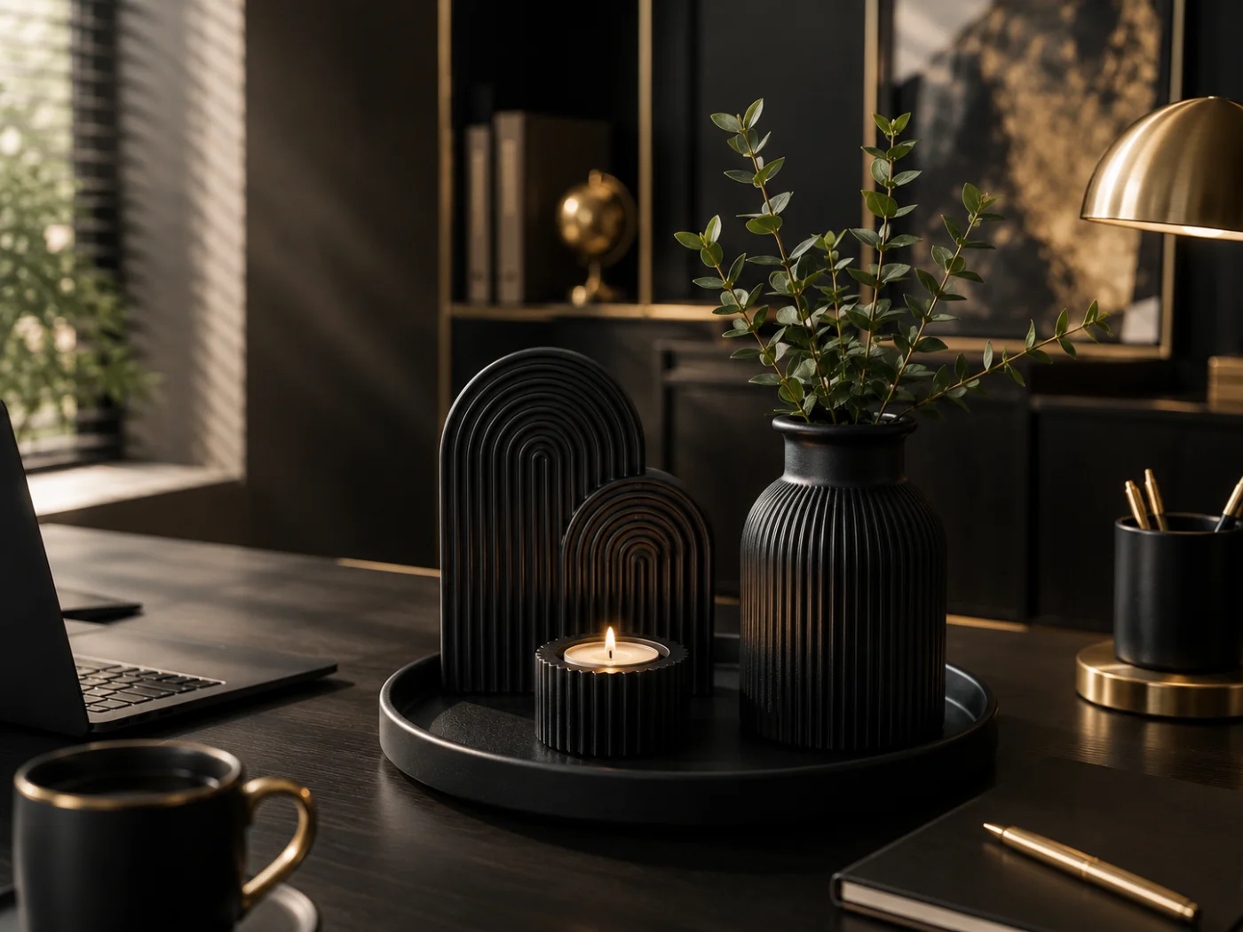 Black set on a dark office desk with eucalyptus and brass lamp