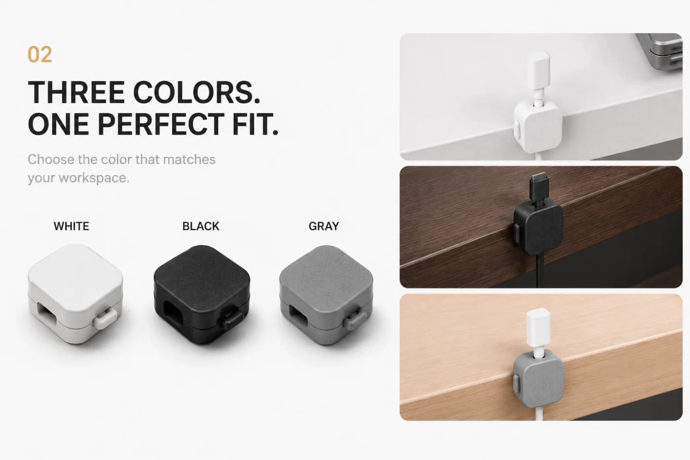Cable clips in white, black, and gray finishes