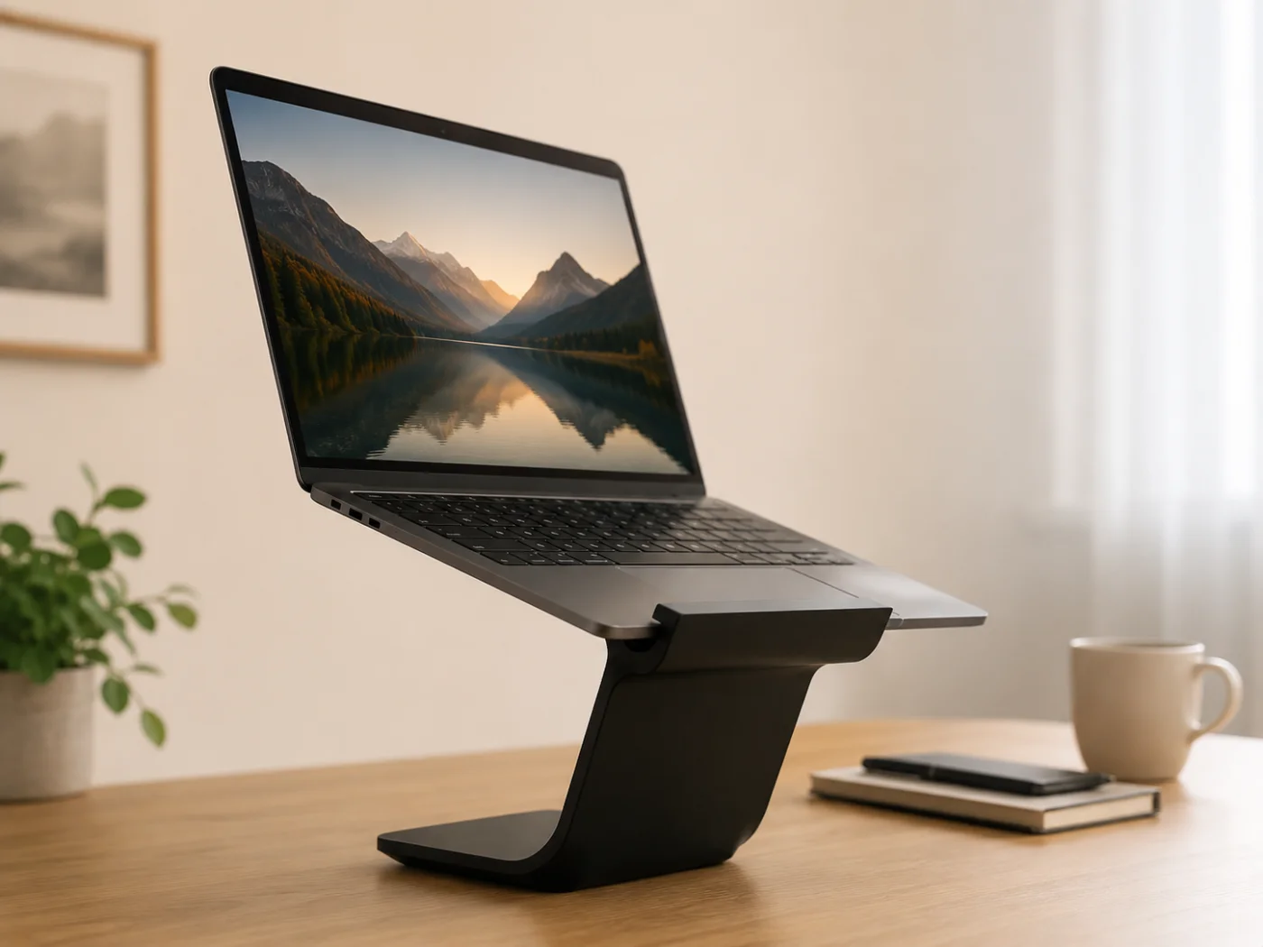 MacBook on the AM3D laptop stand at a workspace