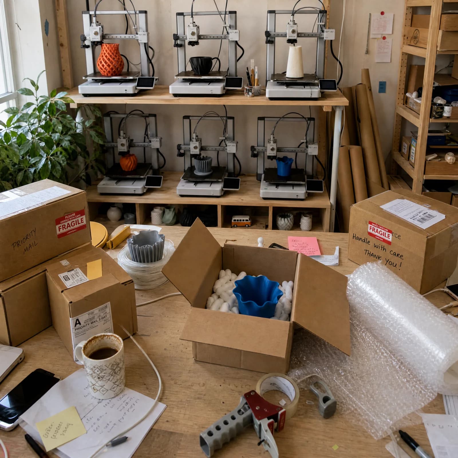 AM3D Orlando studio packing bench — FRAGILE-labeled boxes, bubble wrap, handwritten thank-you notes, coffee