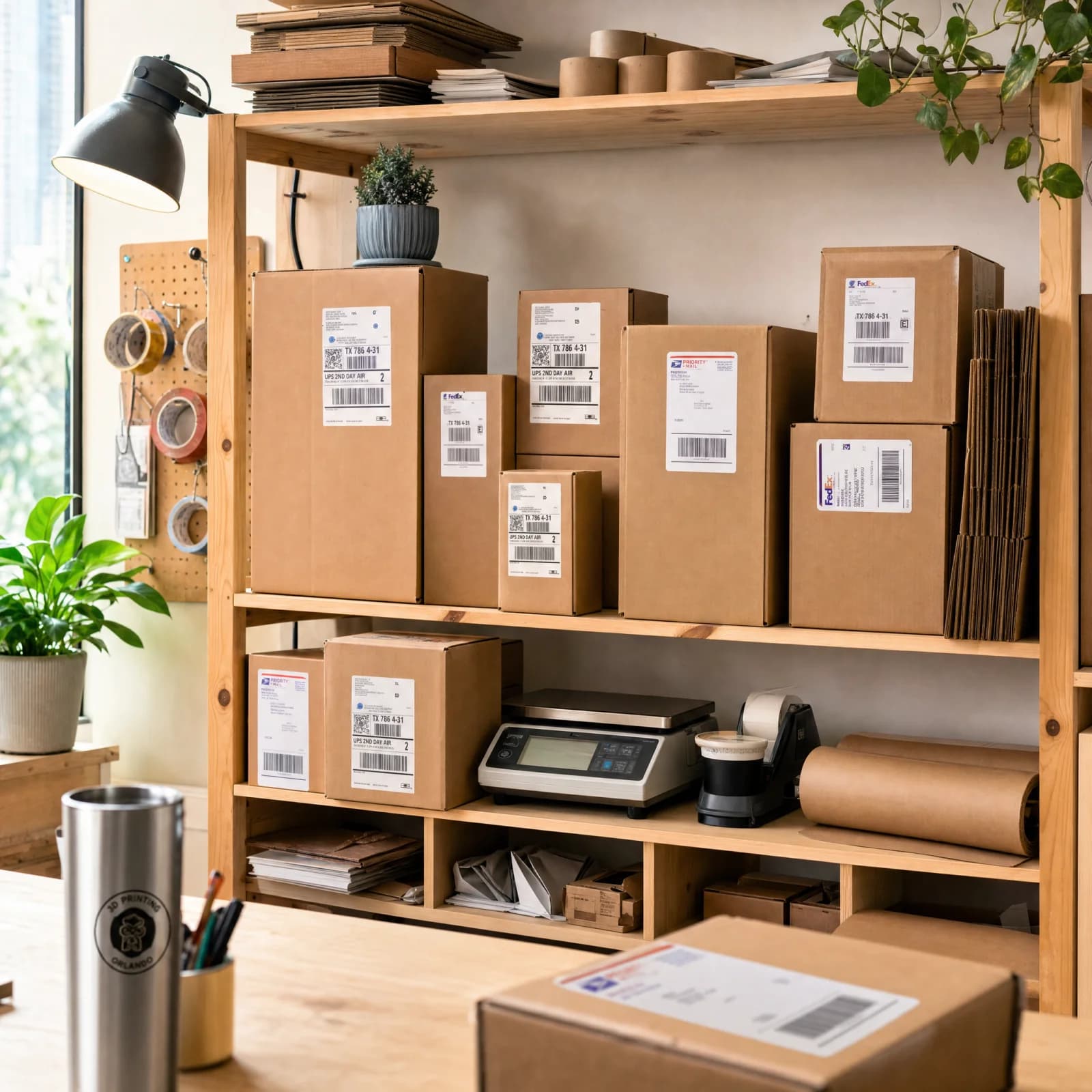 Wood shelving stocked with labeled USPS and FedEx packages ready to ship